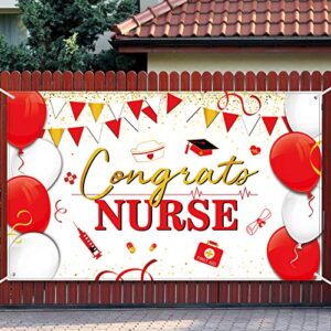 Nurse Graduation Party Banner Large Gold Red Nurse Theme Congrats Nurse Backdrop Photo Prop Background with Rope for Nurse Graduation Party Indoor Outdoor Decor Supplies, 72.8 x 43.3 Inch
