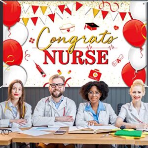 Nurse Graduation Party Banner Large Gold Red Nurse Theme Congrats Nurse Backdrop Photo Prop Background with Rope for Nurse Graduation Party Indoor Outdoor Decor Supplies, 72.8 x 43.3 Inch