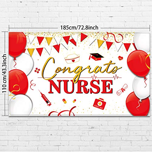 Nurse Graduation Party Banner Large Gold Red Nurse Theme Congrats Nurse Backdrop Photo Prop Background with Rope for Nurse Graduation Party Indoor Outdoor Decor Supplies, 72.8 x 43.3 Inch