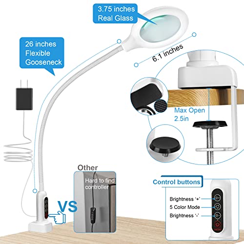 TOMSOO 26" Gooseneck Magnifying Lamp with Clamp, 5 Color Modes Stepless Dimmable LED Desk Light with Magnifying Glass, 5X Real Glass Lighted Magnifier Hands Free for Painting Close Work Craft Hobby