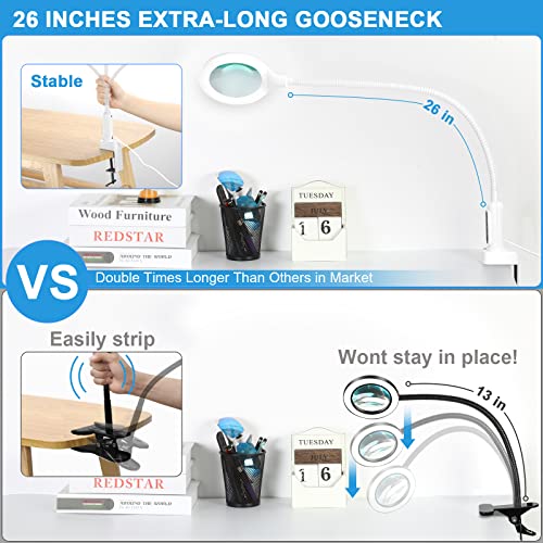 TOMSOO 26" Gooseneck Magnifying Lamp with Clamp, 5 Color Modes Stepless Dimmable LED Desk Light with Magnifying Glass, 5X Real Glass Lighted Magnifier Hands Free for Painting Close Work Craft Hobby