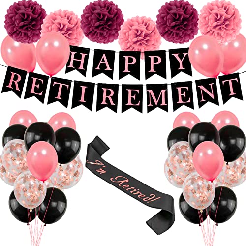 Retirement Party Decorations for Women, Rose Gold Happy Retirement Banner Retired Sash Paper Pom Poms Confetti Balloons Set Retirement Decorations Party Supplies