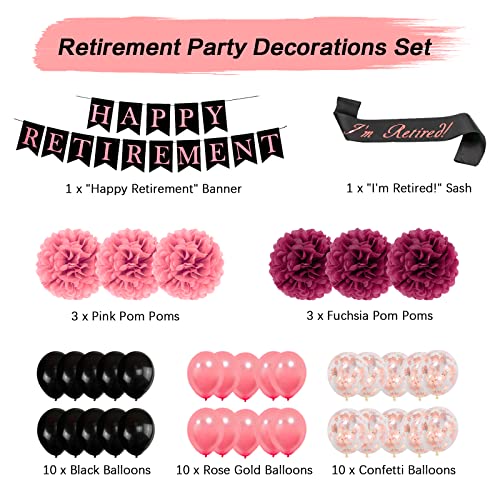 Retirement Party Decorations for Women, Rose Gold Happy Retirement Banner Retired Sash Paper Pom Poms Confetti Balloons Set Retirement Decorations Party Supplies