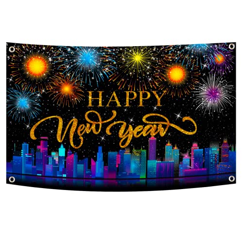 Happy New Year Banner,Happy New Year Party Decoration Supplies,Large Fabric New Years Eve Party Backdrop for 2023 Party Decoration,2023 New Year Fireworks Photo Booth Backdrop Background Banner