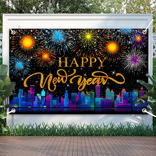 Happy New Year Banner,Happy New Year Party Decoration Supplies,Large Fabric New Years Eve Party Backdrop for 2023 Party Decoration,2023 New Year Fireworks Photo Booth Backdrop Background Banner