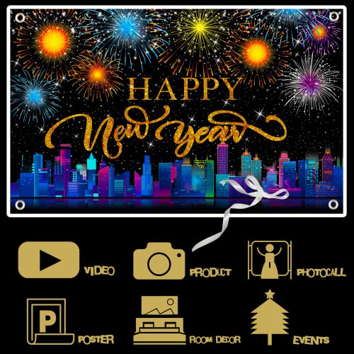 Happy New Year Banner,Happy New Year Party Decoration Supplies,Large Fabric New Years Eve Party Backdrop for 2023 Party Decoration,2023 New Year Fireworks Photo Booth Backdrop Background Banner