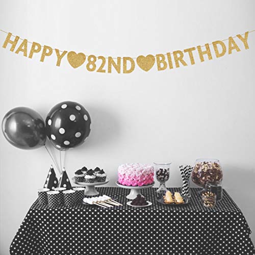 Gold Happy 82nd Birthday Banner, Glitter 82 Years Old Woman or Man Party Decorations, Supplies