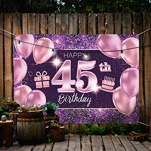 PAKBOOM Happy 45th Birthday Banner Backdrop - 45 Birthday Party Decorations Supplies for Women - Pink Purple Gold 4 x 6ft