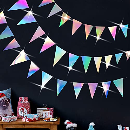 40Ft Iridescent Party Supplies Triangle Banner For Birthday Party Decorations Wedding Party Garlands Baby Shower Wall Window Banners Decor (Iridescent, 4 Strings)