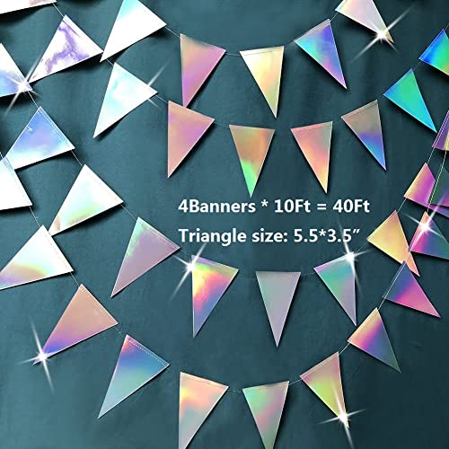 40Ft Iridescent Party Supplies Triangle Banner For Birthday Party Decorations Wedding Party Garlands Baby Shower Wall Window Banners Decor (Iridescent, 4 Strings)