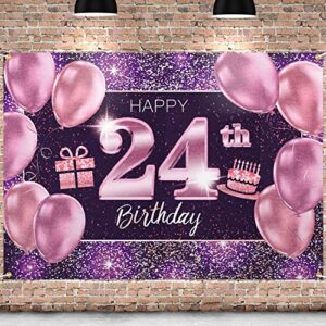 pakboom happy 24th birthday banner backdrop – 24 birthday party decorations supplies for women her – pink purple gold 4 x 6ft