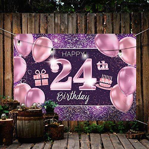 PAKBOOM Happy 24th Birthday Banner Backdrop - 24 Birthday Party Decorations Supplies for Women Her - Pink Purple Gold 4 x 6ft