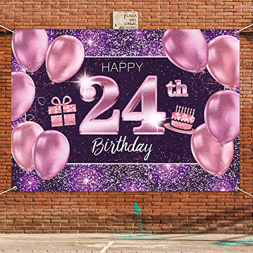 PAKBOOM Happy 24th Birthday Banner Backdrop - 24 Birthday Party Decorations Supplies for Women Her - Pink Purple Gold 4 x 6ft