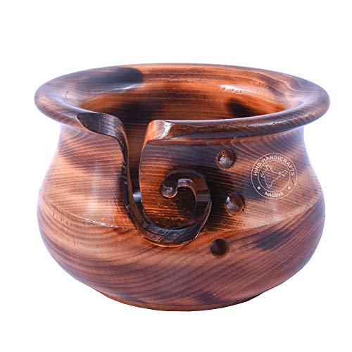 Hind Handicrafts Premium Solid Dark Handmade Crafted Wooden Portable Antique Yarn Storage Bowl - Holder for Knitting Crochet Hook Accessories (6" x 6" x 4", Torched)