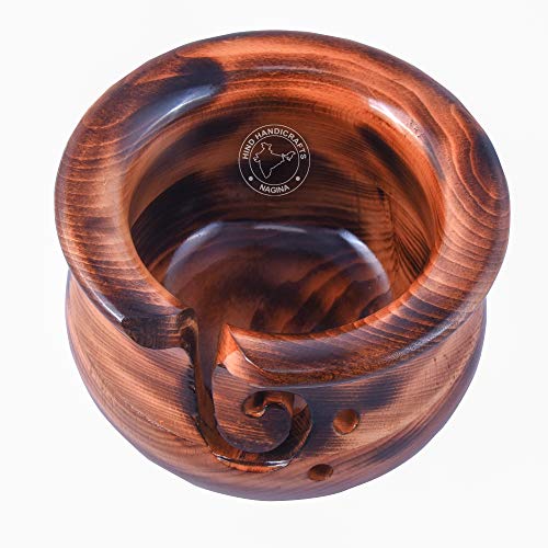 Hind Handicrafts Premium Solid Dark Handmade Crafted Wooden Portable Antique Yarn Storage Bowl - Holder for Knitting Crochet Hook Accessories (6" x 6" x 4", Torched)