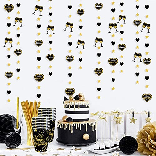 52Ft Black Gold Happy Birthday Decorations Happy Birthday Hearts and Wine Glass Star Garland Hanging Bunting Banner Streamers Backdrop for Women Mens 30th 40th 50th 60th 70th Birthday Party Supplies