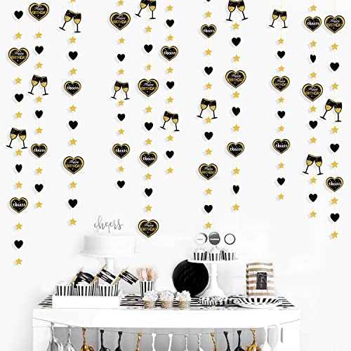 52Ft Black Gold Happy Birthday Decorations Happy Birthday Hearts and Wine Glass Star Garland Hanging Bunting Banner Streamers Backdrop for Women Mens 30th 40th 50th 60th 70th Birthday Party Supplies