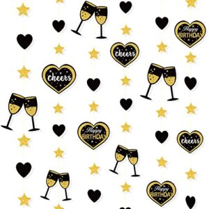 52Ft Black Gold Happy Birthday Decorations Happy Birthday Hearts and Wine Glass Star Garland Hanging Bunting Banner Streamers Backdrop for Women Mens 30th 40th 50th 60th 70th Birthday Party Supplies