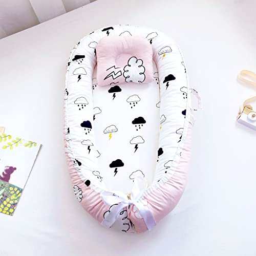 Vohunt Baby Lounger,100% Cotton Co-Sleeper for Baby 0-12M in Bed with Alternate Double-Sided,Newborn Lounger Adjustable Size & Strong Zipper Lengthen Space to 3 Tears Old(Pink Clouds)