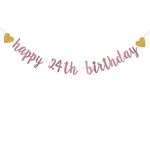 xiaoluoly rose gold glitter banner,pre-strung,24th birthday party decorations bunting sign backdrops,happy 24th birthday