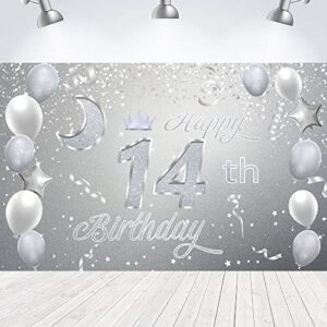 sweet happy 14th birthday backdrop banner poster 14 birthday party decorations 14th birthday party supplies 14th photo background for girls,boys,women,men – silver 72.8 x 43.3 inch