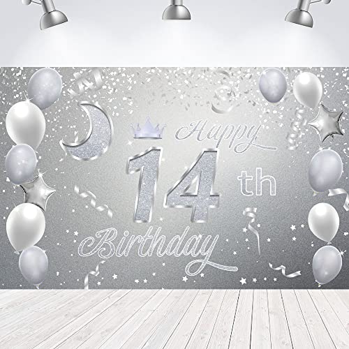 Sweet Happy 14th Birthday Backdrop Banner Poster 14 Birthday Party Decorations 14th Birthday Party Supplies 14th Photo Background for Girls,Boys,Women,Men - Silver 72.8 x 43.3 Inch