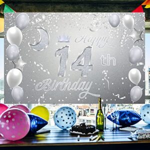 Sweet Happy 14th Birthday Backdrop Banner Poster 14 Birthday Party Decorations 14th Birthday Party Supplies 14th Photo Background for Girls,Boys,Women,Men - Silver 72.8 x 43.3 Inch