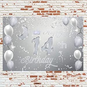 Sweet Happy 14th Birthday Backdrop Banner Poster 14 Birthday Party Decorations 14th Birthday Party Supplies 14th Photo Background for Girls,Boys,Women,Men - Silver 72.8 x 43.3 Inch