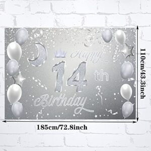 Sweet Happy 14th Birthday Backdrop Banner Poster 14 Birthday Party Decorations 14th Birthday Party Supplies 14th Photo Background for Girls,Boys,Women,Men - Silver 72.8 x 43.3 Inch