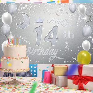 Sweet Happy 14th Birthday Backdrop Banner Poster 14 Birthday Party Decorations 14th Birthday Party Supplies 14th Photo Background for Girls,Boys,Women,Men - Silver 72.8 x 43.3 Inch