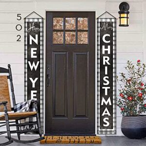 whaline christmas porch sign merry christmas porch sign happy new year hanging banner white black buffalo plaid farmhouse door banner sign for indoor outdoor wall decoration, 72 x 12 inch