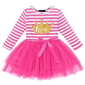 baby girls shinny stripe long sleeve printed princess casual birthday tutu tulle dress hot pink crown(two years)