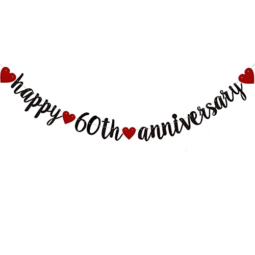 Happy 60th Anniversary Banner, Pre-Strung,Black Glitter Paper Garlands for 60th Wedding Anniversary Party Decorations Supplies, No Assembly Required,(Black) SUNbetterland