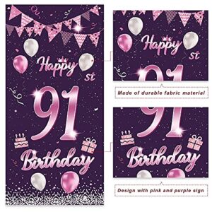 Happy 91st Birthday Sweet Purple Rose Banner Backdrop Balloons Confetti Cheers to 91 Years Old Bday Theme Decorations Decor for Door Cover Porch Women Men 91st Birthday Party Supplies Background