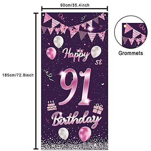 Happy 91st Birthday Sweet Purple Rose Banner Backdrop Balloons Confetti Cheers to 91 Years Old Bday Theme Decorations Decor for Door Cover Porch Women Men 91st Birthday Party Supplies Background