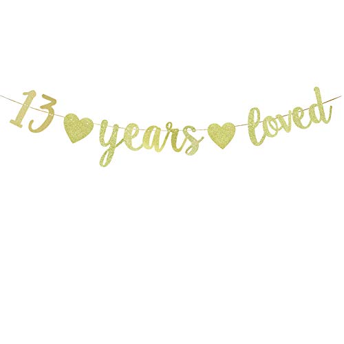Kunggo 13 Years Loved Banner,Gold Gliter Paper Sign Decors for 13th Birthday/Wedding Anniversary Party Supplies Photo Props. (13 Years Loved)