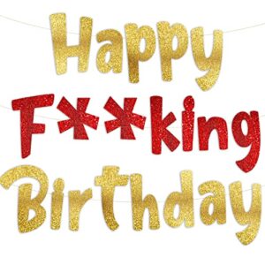 funny birthday gold and red glitter banner – happy birthday party supplies, ideas, and gifts – 21st, 30th. 40th, 50th, 60th, 70th, 80th adult birthday decorations