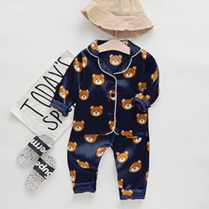 FEDULK Toddler Kids Satin Pajamas Sets, Little Boys Girls Baby Cartoon Animal Button Tops Pants Pjs Sleepwear Outfits(B-Navy,3 Years), 3-4T