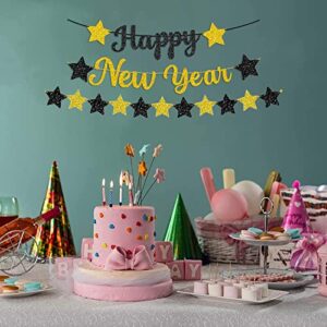 Famoby Black Gold Paper Happy New year Banner Shiny metallic texture Star Bunting for New year Party Decoration