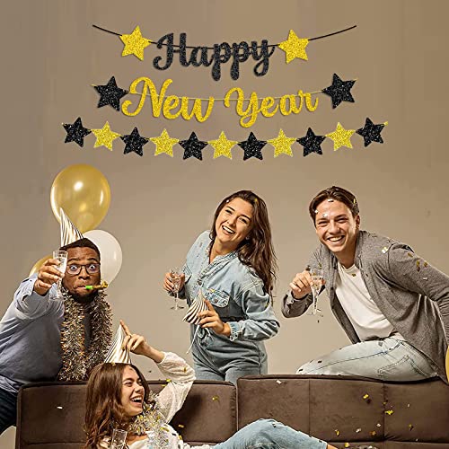 Famoby Black Gold Paper Happy New year Banner Shiny metallic texture Star Bunting for New year Party Decoration