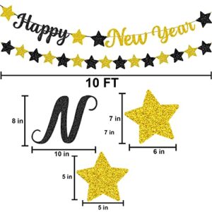 Famoby Black Gold Paper Happy New year Banner Shiny metallic texture Star Bunting for New year Party Decoration