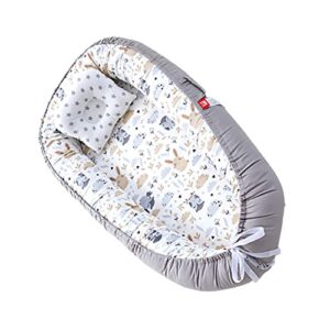 vohunt baby lounger for newborn,100% cotton co-sleeper for baby in bed with handles,soft newborn lounger adjustable size & strong zipper lengthen space to 3 tears old(grey owl)