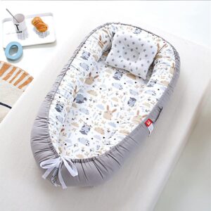 Vohunt Baby Lounger for Newborn,100% Cotton Co-Sleeper for Baby in Bed with Handles,Soft Newborn Lounger Adjustable Size & Strong Zipper Lengthen Space to 3 Tears Old(Grey Owl)