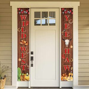 funnytree western cowboy yee haw theme porch sign door cover banner for wild west cowgirl birthday welcome party supplies decorations flag hanging home wall decor sign 11.8×70.9 inch 2pcs