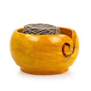 nagina international yellow teak wood crafted premium portable light weight knitting & crochet yarn bowl | stitch accessories & storage (large)