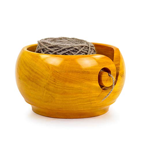 Nagina International Yellow Teak Wood Crafted Premium Portable Light Weight Knitting & Crochet Yarn Bowl | Stitch Accessories & Storage (Large)