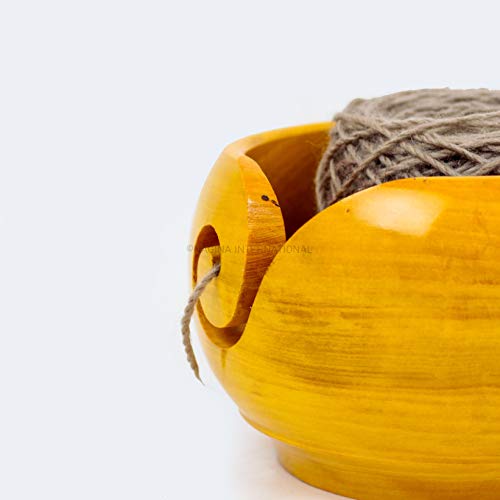 Nagina International Yellow Teak Wood Crafted Premium Portable Light Weight Knitting & Crochet Yarn Bowl | Stitch Accessories & Storage (Large)