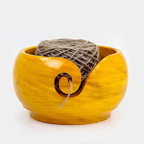 Nagina International Yellow Teak Wood Crafted Premium Portable Light Weight Knitting & Crochet Yarn Bowl | Stitch Accessories & Storage (Large)