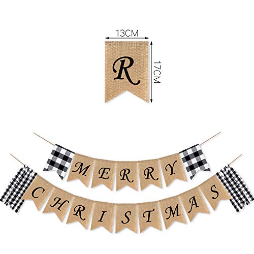 SWYOUN Burlap Merry Christmas Banner Buffalo Check Plaid Black and White Gingham Mantel Fireplace Garland Decoration