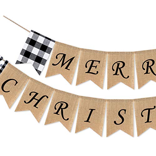 SWYOUN Burlap Merry Christmas Banner Buffalo Check Plaid Black and White Gingham Mantel Fireplace Garland Decoration